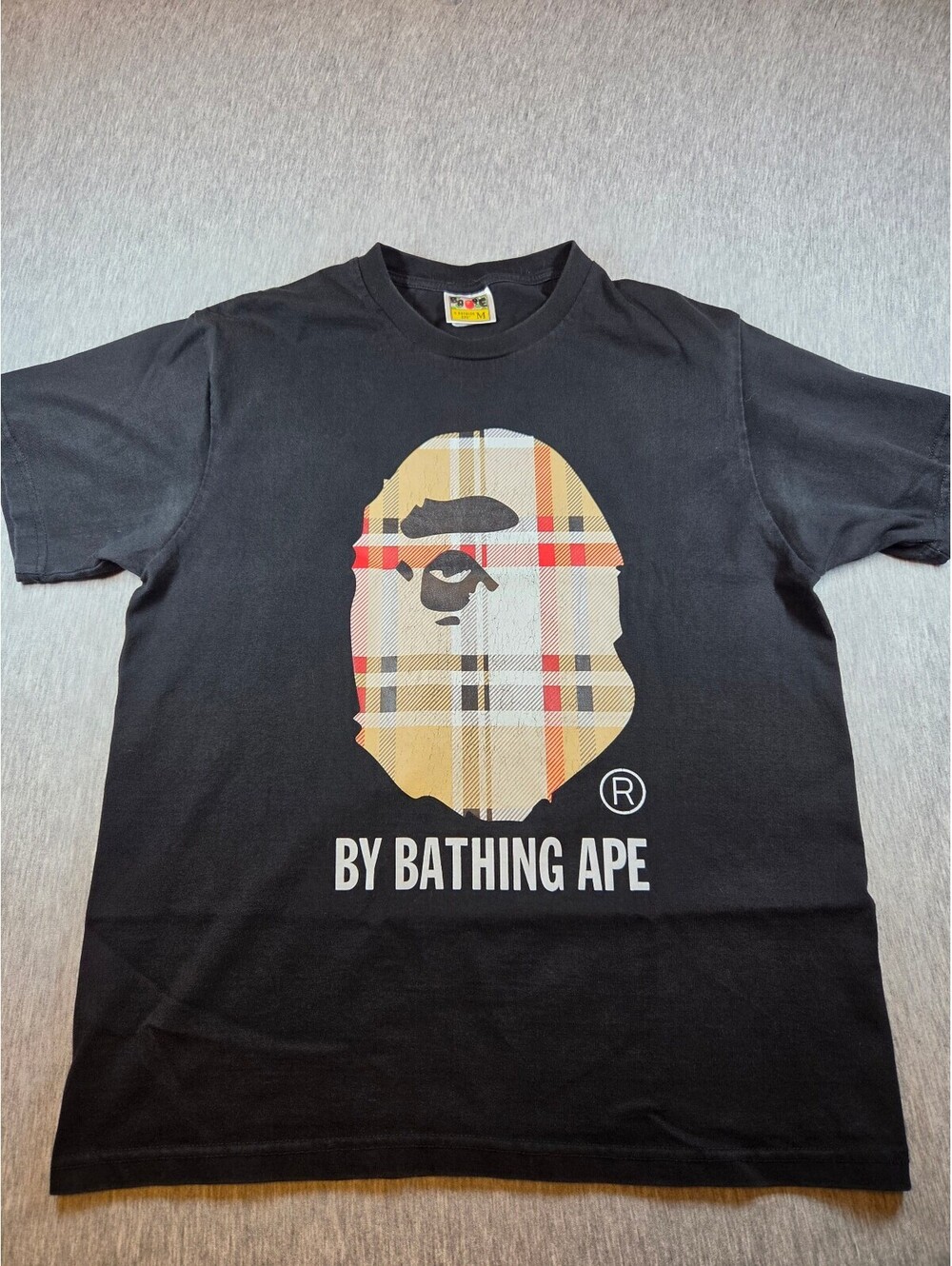 A Bathing Ape Black T-Shirt with Plaid Ape Head Graphic, Size M